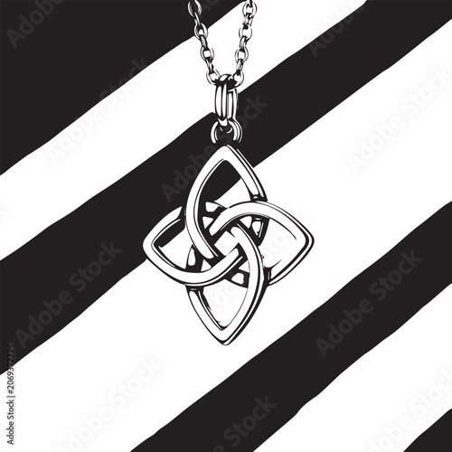 A detailed product photograph of a silver Celtic knot pendant necklace against a soft blue-gray background with diagonal light streaks 