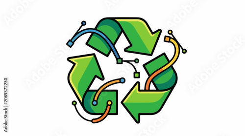 A stylized recycling symbol with green arrows and colorful lines