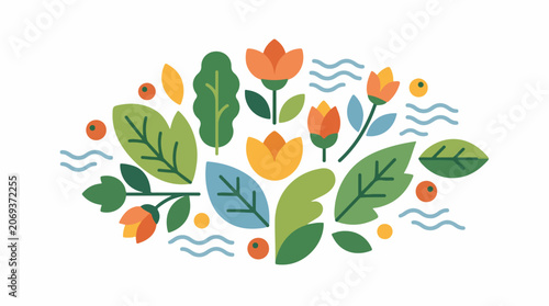 A colorful arrangement of flowers leaves and berries on a white background
