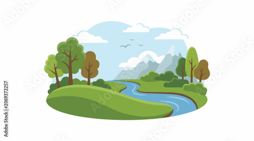 A serene landscape with a winding river lush greenery and majestic mountains