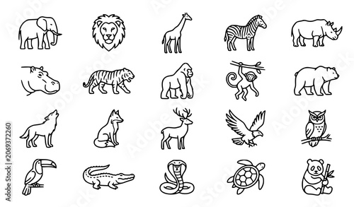 Photography Wild Animal Outline Icons Including Elephant Lion Zebra and Bear