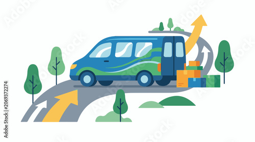 A blue and green van transports colorful boxes on a winding road through a scenic landscape with trees