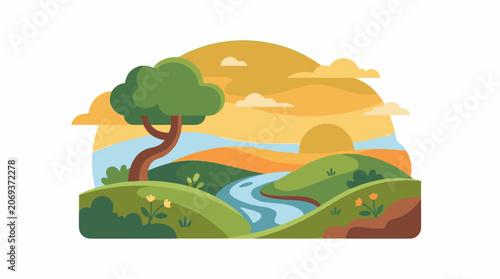 A serene cartoon landscape with a tree river and hills at sunset