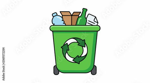 A green recycling bin with a recycling symbol on the front