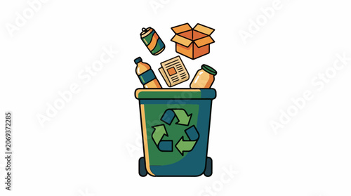 A green recycling bin with a recycling symbol on the front overflows with various items