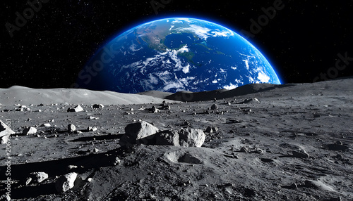 View from the moon's surface looking at Earth, crescent moon, space exploration, lunar landscape, celestial bodies, scientific discovery, astronomy