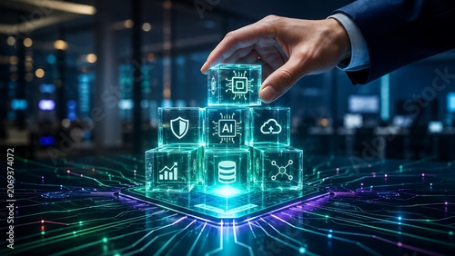 Digital Transformation Strategy for Business Success: Hand integrates AI, cloud, cybersecurity on modern data platform for future innovation.