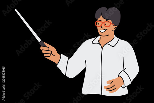Smiling male teacher with glasses holding a pointer on black background. Friendly tutor character explaining a lesson, hand drawn doodle illustration