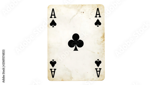 Vintage ace of clubs playing card with distressed texture and stains, isolated on white