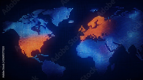 Digital world map with glowing orange continents of north america and europe representing global connectivity and data network communication