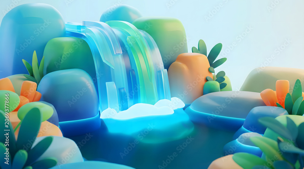 Obraz premium 3D illustrated blue green waterfall landscape with smooth rocks and vibrant foliage