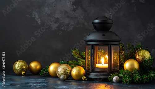 Vintage lantern with glowing candle and golden Christmas ornaments on a dark textured background, festive holiday mood