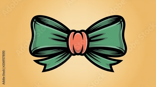 Close-up of a green and pink bow with a beige background