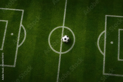 Top view of a classic black and white soccer ball placed in the center circle of a green grass football field with white pitch markings