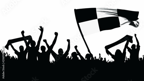 Valokuva A black silhouette of a cheering crowd with a checkered flag against a white bac