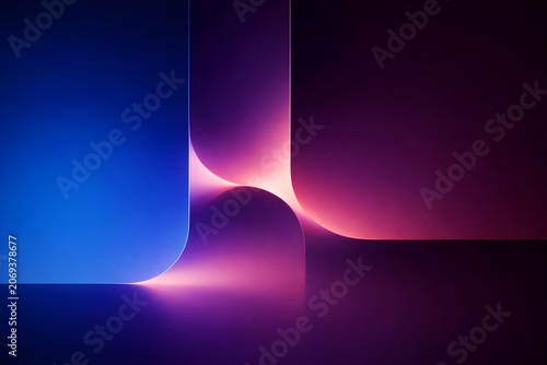 Abstract background with smooth curved shapes and vibrant blue and purple gradient lighting, modern minimalist design with soft glowing light effects