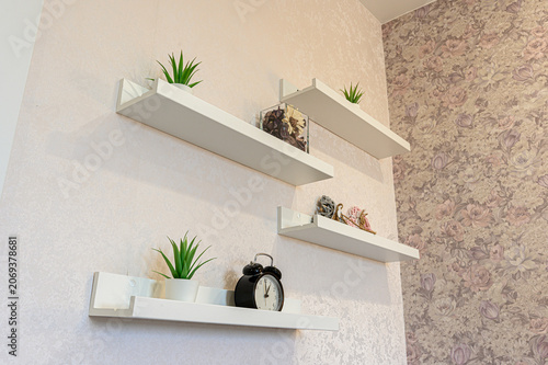 Tableau sur toile White floating shelves are mounted on a corner wall: the top ones hold small gre