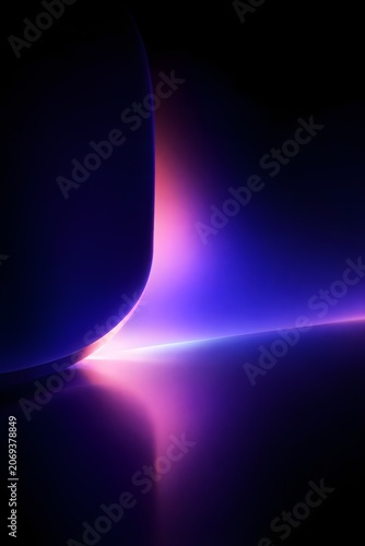 Abstract background with glowing neon light curves and soft purple and pink gradients reflecting on a dark surface, futuristic digital art composition