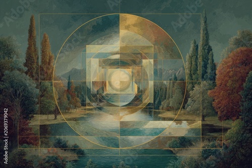 Golden ratio overlaying a surreal landscape painting