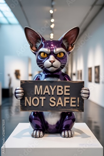 Colorful Cat Sculpture Holding Sign with Message in Art Gallery Setting