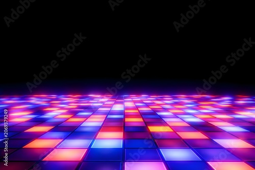 Abstract background of a glowing disco dance floor with colorful square tiles, vibrant neon lights, and a dark horizon line in a retro 80s style