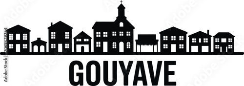 Gouyave city silhouette, urban townscape with traditional buildings, prominent church steeple, houses, and shop