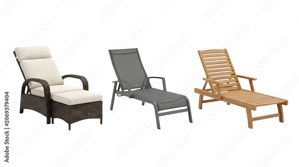 Obraz premium Three different styles of outdoor lounge chairs isolated on transparent background