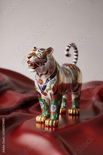 Colorful Ceramic Tiger Figurine on Red Satin Fabric with Decorative Beads