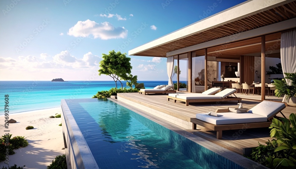 Fototapeta premium Luxury beachfront villa with private infinity pool, sun deck and panoramic ocean views, ultra-realistic 3D render capturing an elegant summer vacation lifestyle.