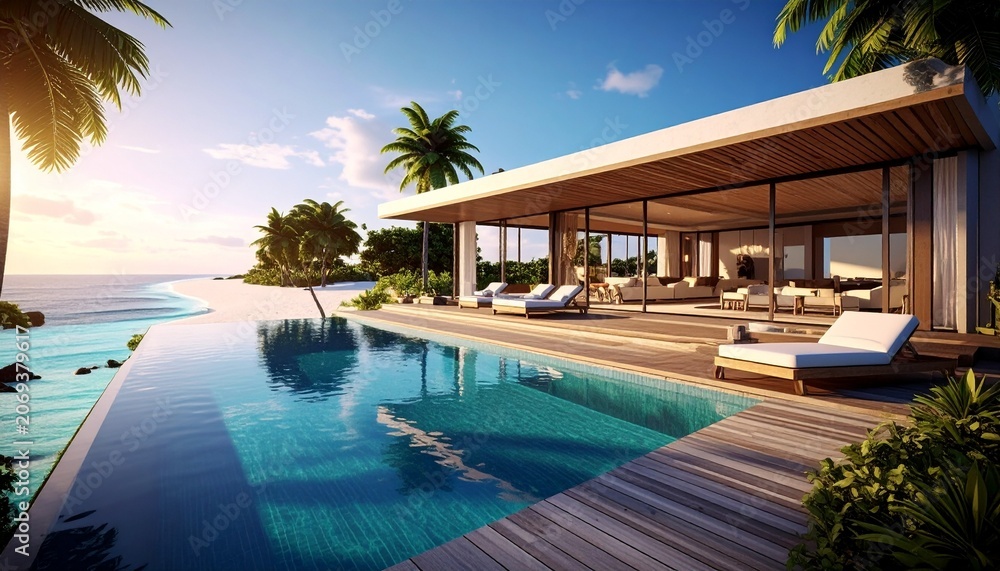 Fototapeta premium Luxury beachfront villa with private infinity pool, sun deck and panoramic ocean views, ultra-realistic 3D render capturing an elegant summer vacation lifestyle.