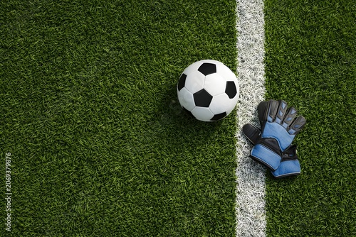 Soccer ball and goalkeeper gloves on green grass field with white line marking
