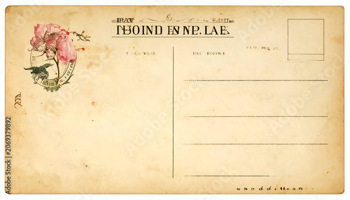 Vintage postcard with a faded pink flower illustration and handwritten lines on aged paper, retro