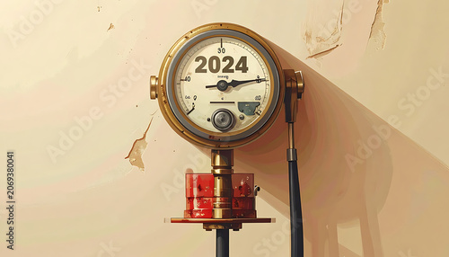 Vintage pressure gauge showing the year 2024, symbolizing future anticipation and industrial measurement on a textured wall.