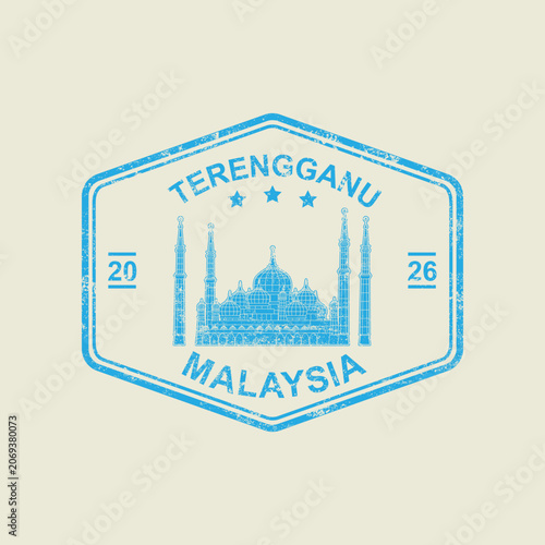 Vintage travel stamp featuring Masjid Kristal in Terengganu, Malaysia. Hexagonal passport stamp design with distressed texture and Islamic architectural landmark.