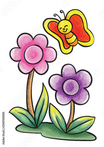 Cute Flower and Butterfly Oil Pastel Style Vector Illustration for Kids