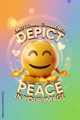 Bright emoji with a joyful expression and peace message on colorful background