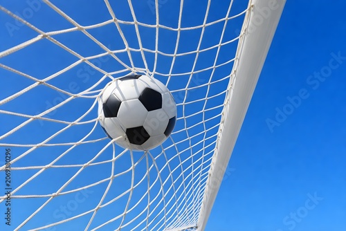 Soccer ball scoring a goal in the net against a clear blue sky