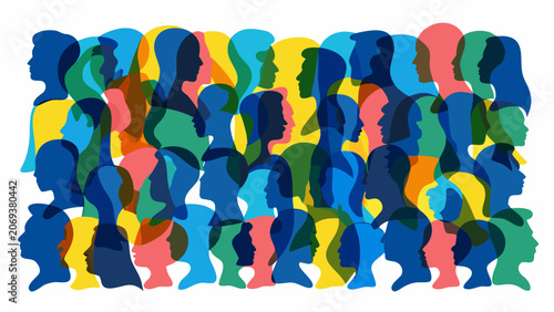 Принти на полотні Overlapping head silhouettes in vibrant colors against a white background a conc