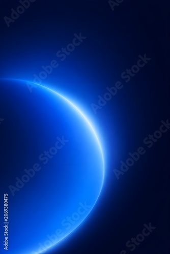 Abstract blue glowing crescent shape on dark background, futuristic light effect, smooth gradient curve, minimalist digital art wallpaper