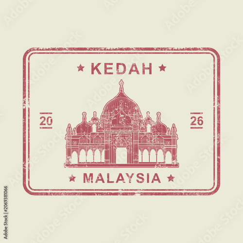 Vintage passport stamp featuring Masjid Zahir in Kedah, Malaysia. Rectangular travel badge with grunge effect and Islamic heritage architecture illustration.