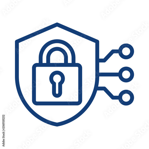 Digital security shield icon with padlock and circuit board lines transparent background