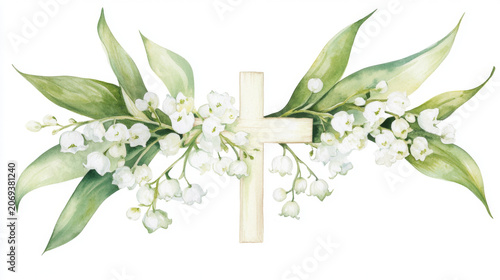 Chrismation symbol with wooden cross and lily of the valley flowers