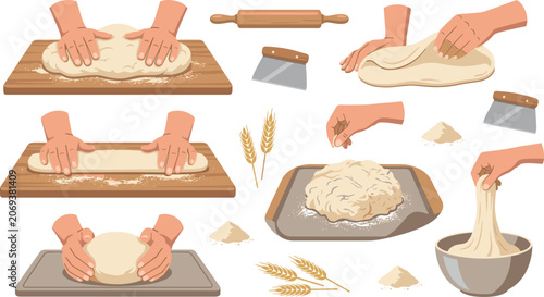 Baking vector elements set with hands kneading bread dough rolling pin flour wheat ears and scraper isolated on a white background