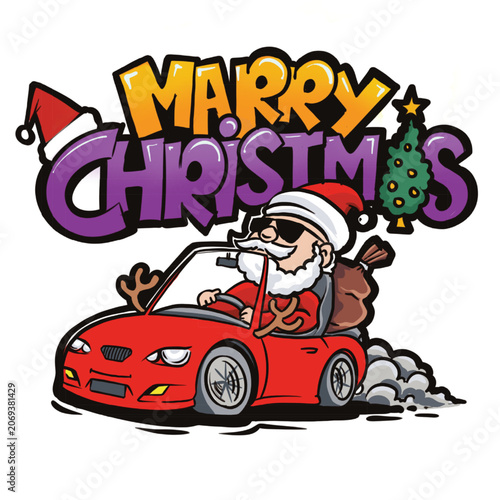 Merry Christmas Typography with Cool Santa Claus Driving Red Convertible Car Vector Illustration