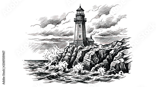 Vintage lighthouse sketch on rocky coast, nautical beacon engraving with crashing ocean waves, hand drawn maritime landscape vector illustration