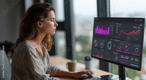 woman sitting at desk in front of computer monitor with graphs on screen in office with natural ligh