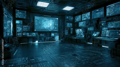 This space features a futuristic laboratory with holographic displays and circuit patterns. The deep blue and teal colors enhance the tech atmosphere.