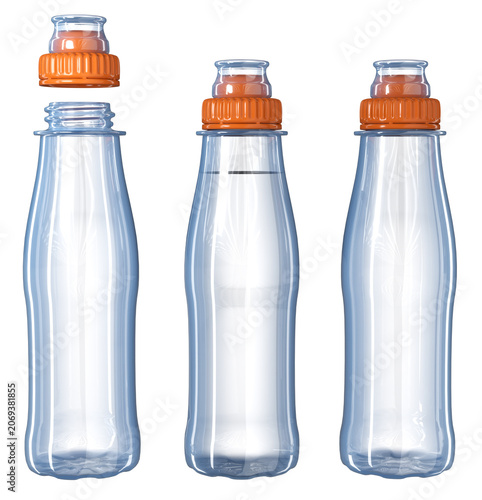 Fotografie Small bottles of drinking water with orange screw caps