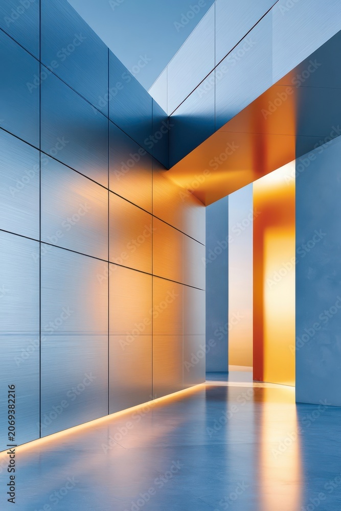 Naklejka premium Minimal modern architecture with reflective brushed metal panels and warm golden light