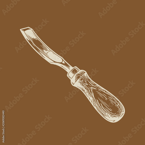 Foto artisan wood carving tool gouge woodcut, rustic woodworking equipment linocut, t